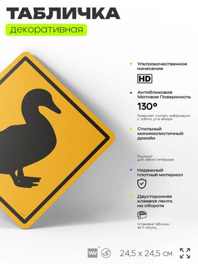 Табличка прикольная "Осторожно, утки" на дверь и стену, информационная и предупреждающая, декоративный знак, 24,5х24,5 см, пластиковая, Айдентика Технолоджи