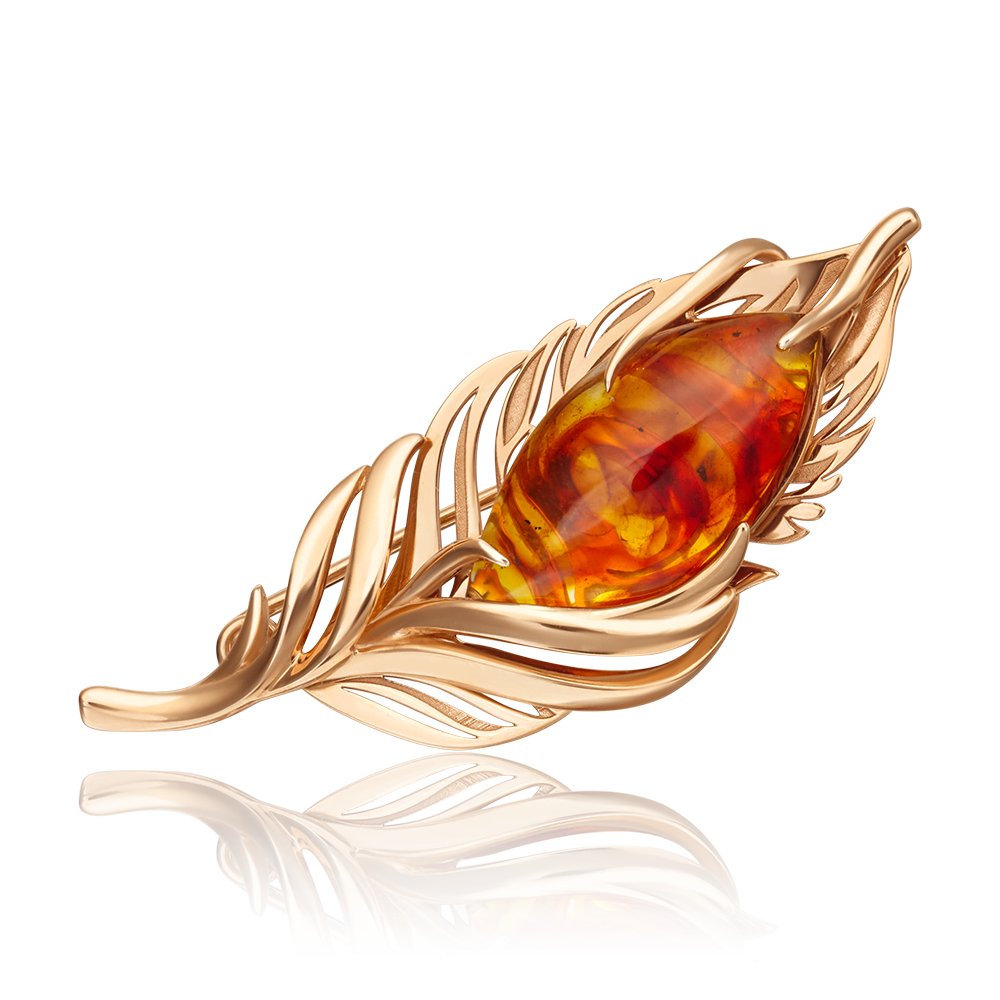 Брошь «Перо» из красного золота c янтарём Артикул: 04-0217-00-271-1110-46
