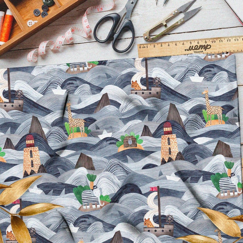 Ткань оксфорд 210 морские объекты на волнах