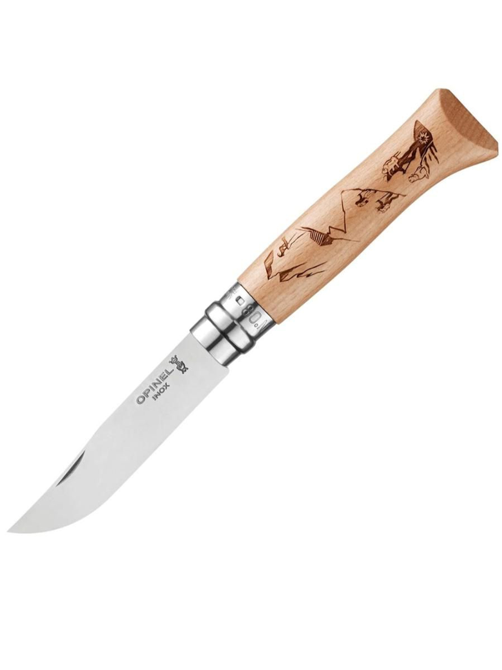 Нож Opinel №8 Alpine adventures, нержавеющая сталь, рукоять дуб, гравировка пеший туризм