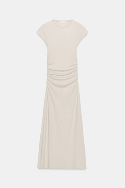 ZARA ПЛАТЬЕ МИДИ СО СБОРКАМИ, ПЕСОЧНЫЙ