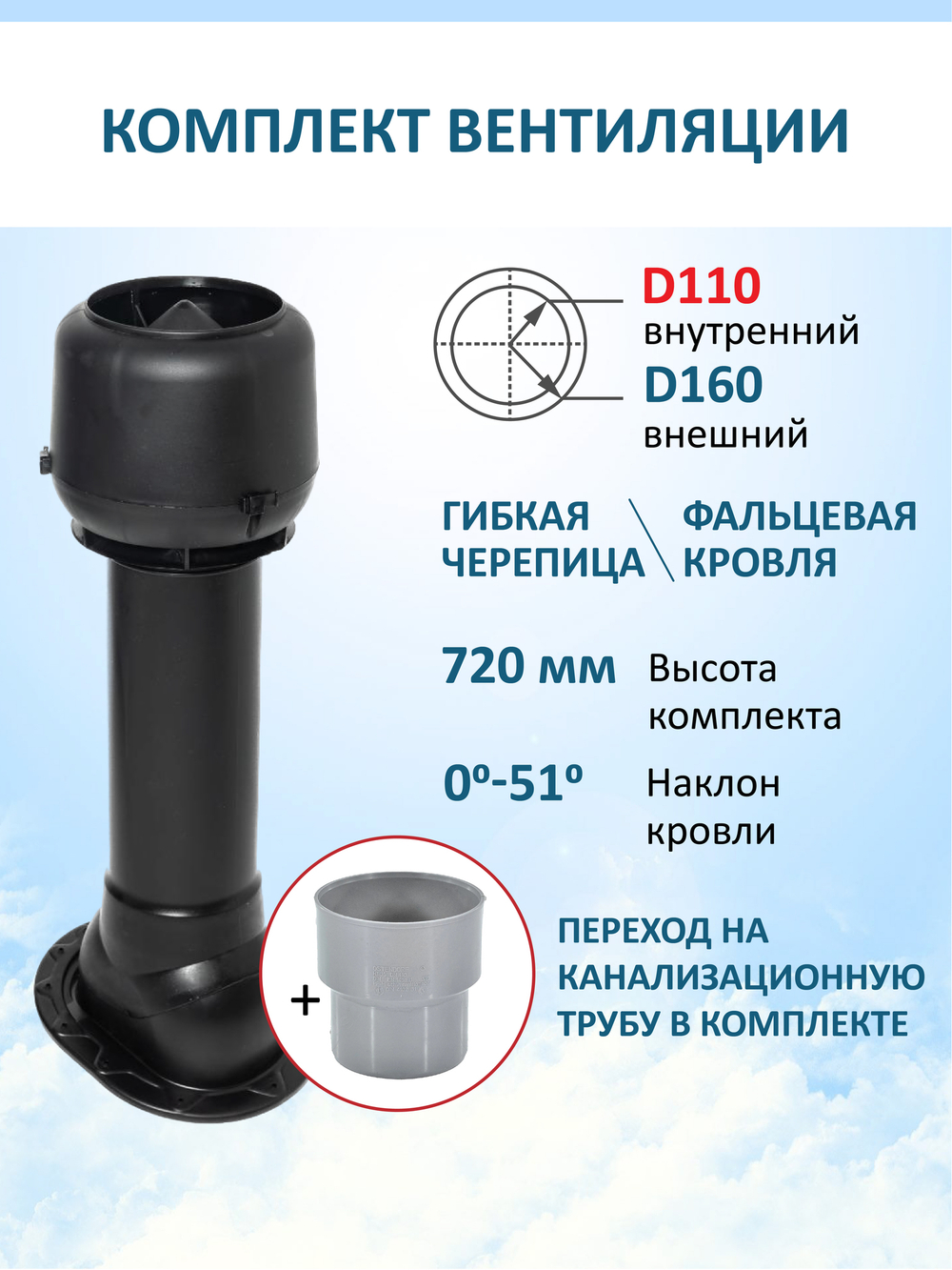 Вент. выход утепленный c колпаком D160 высотой Н-700 с переходом D110, для скатной кровли