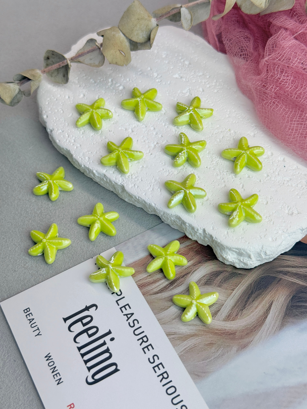 Керамические бусины "Морская звезда", салатовый 18 мм, 10 штук