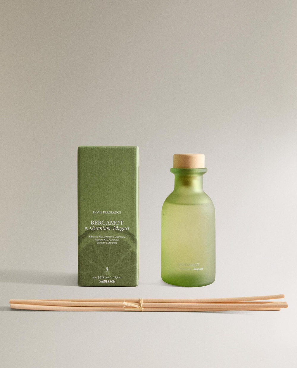 Zara Home BERGAMOT & GERANIUM, MUGUET — ароматический диффузор с тростниковыми палочками, Бергамот и Герани, 195 мл