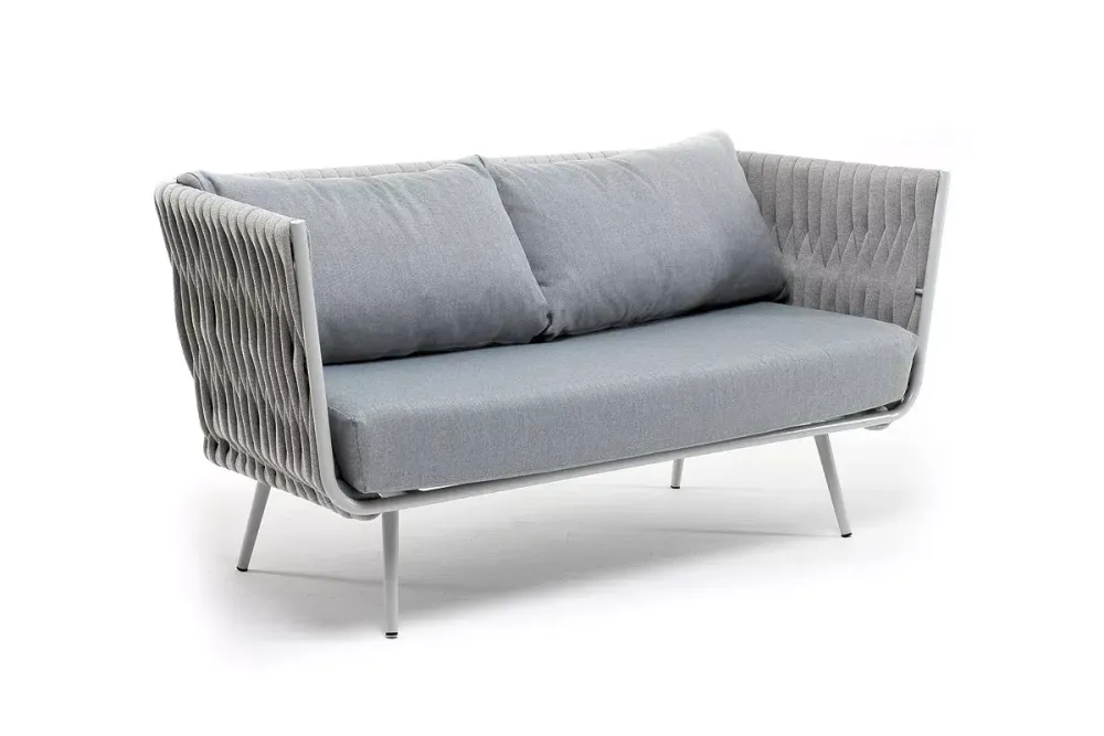 "Монако" диван 2-местный плетеный из роупа, каркас алюминий светло-серый (RAL7035) шагрень, роуп светло-серый 40 мм, ткань светло-серая