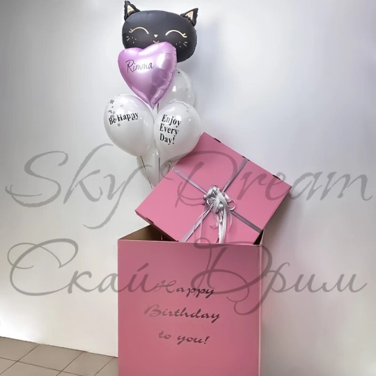 Розовая Коробка с воздушными шарами Кошечка