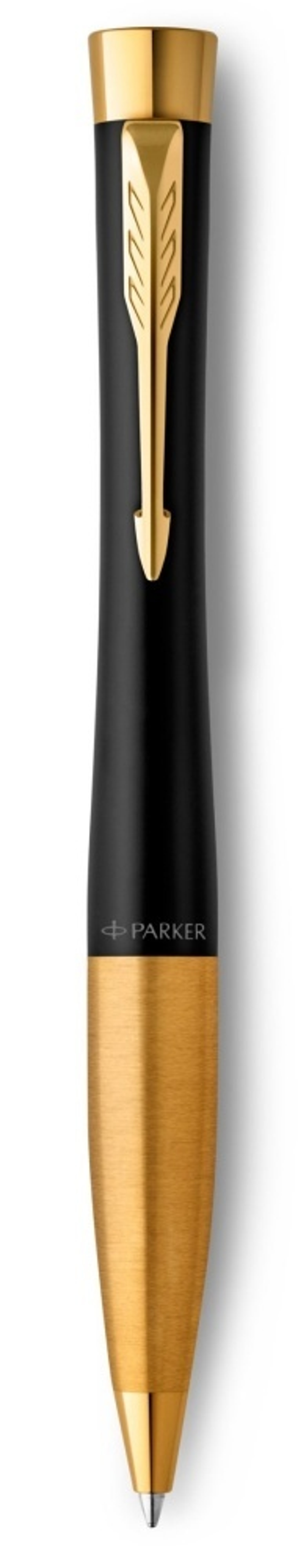 Шариковая ручка Parker Urban (матовый черный лак) Muted Black Gold Finish Trim, стержень: M, цвет чернил: blue, в подарочной упаковке.