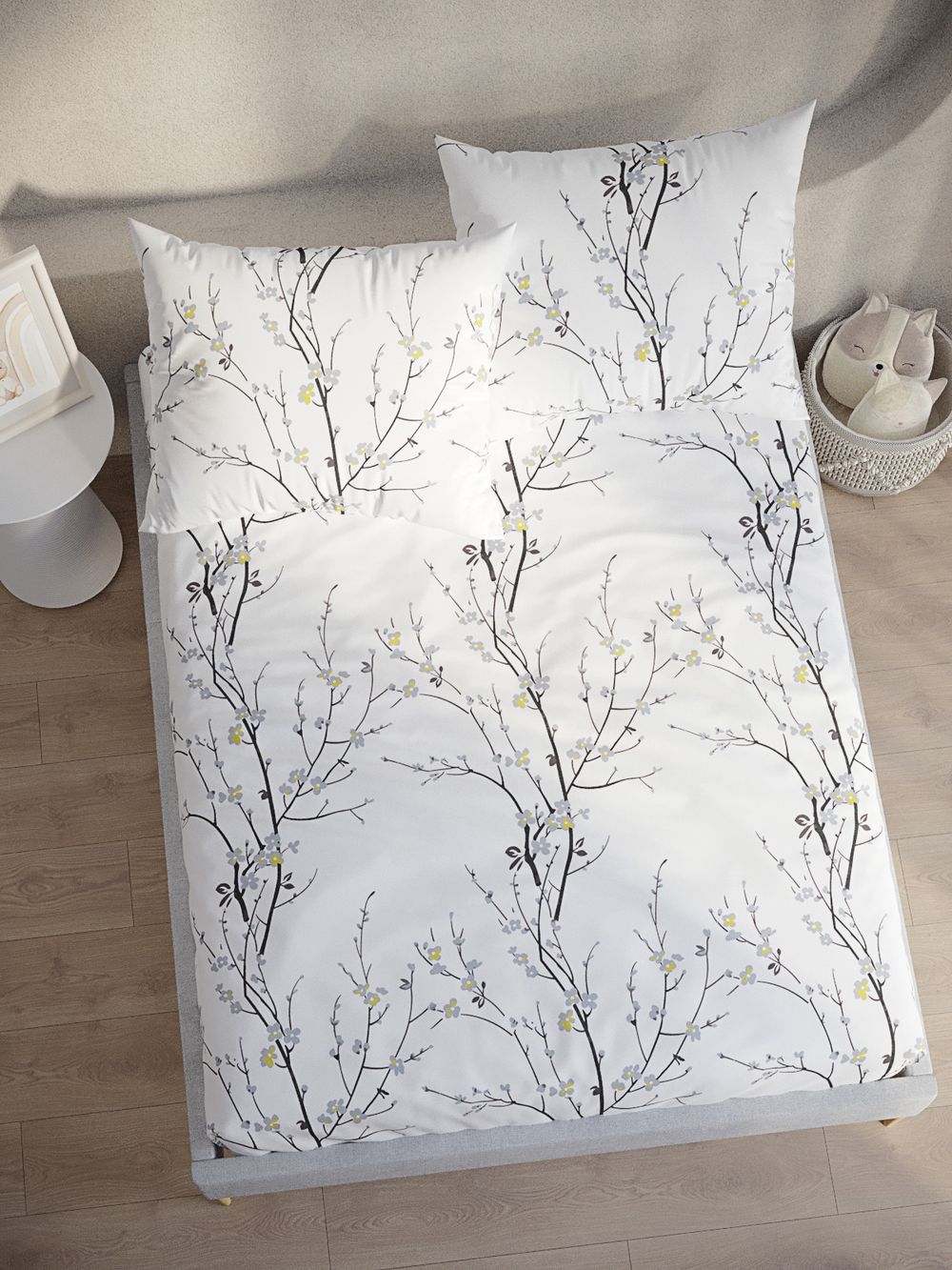 Постельное белье Полисатин Мечта "White cherry" 1,5-сп  Наволочка 50х70 см 1 шт Простынь на резинке 90x200 смПододеяльник 145x215 см