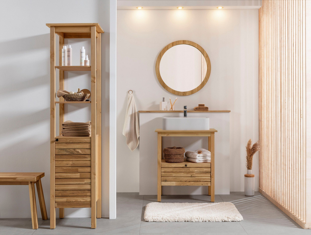 Зеркало настенное 70х70, Миллиси, круглое, в деревянной раме, в спальню, ванную, прихожую, бежевое, Dipriz