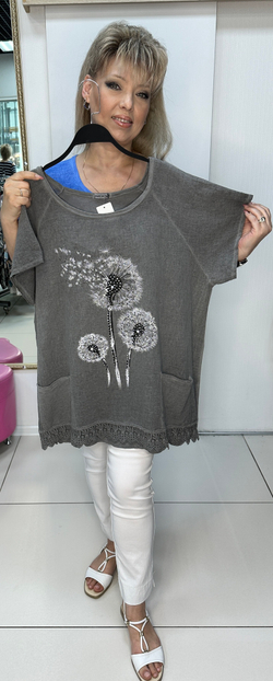 Комбинированная футболка-туника с изображением одуванчиков