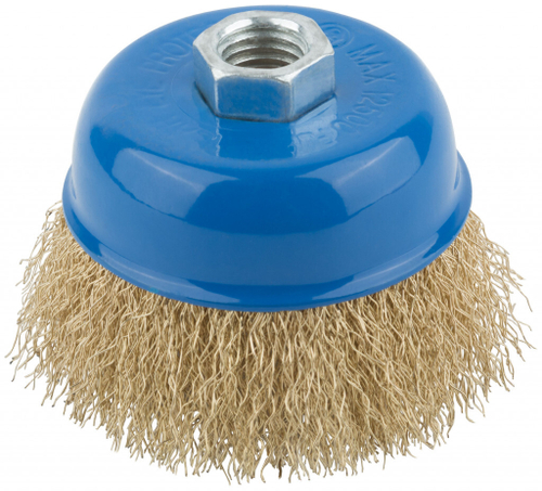 Щетка крацовка 75мм, гайка М14, тип Чашка, стальная латунир.волнистая проволока, MOS, 38942М
