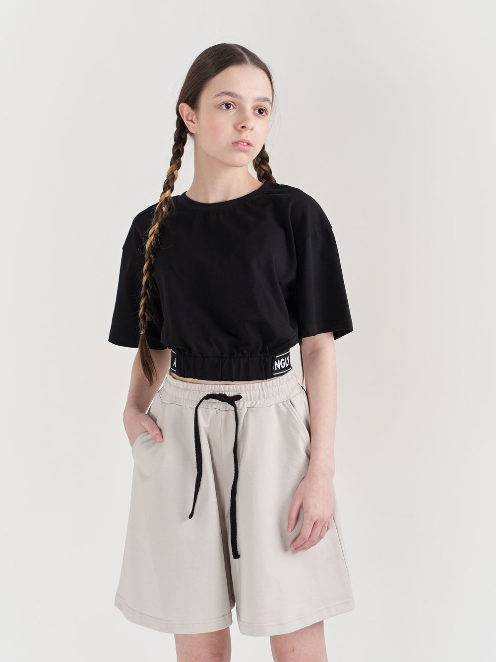 Футболка укороченная на резинке "УГОЛЬ" подростковая