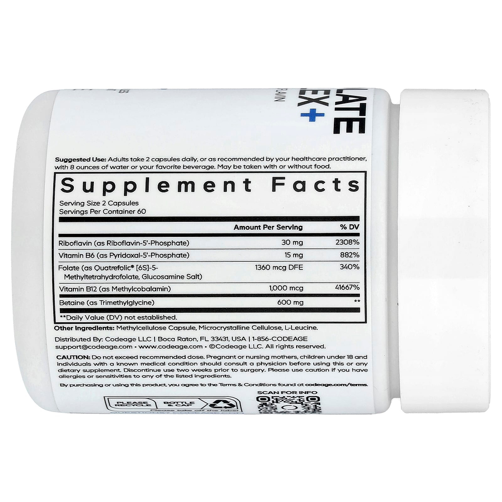 Codeage, Methylfolate B Complex+, комплекс витаминов группы B с метилфолатом, 120 растительных капсул