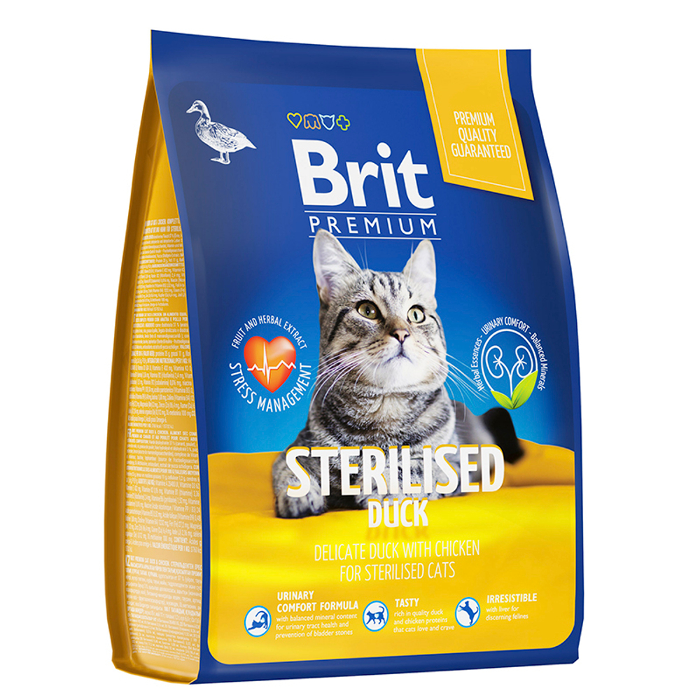 Сухой корм Brit Premium Cat Duck & Chicken с уткой и курицей 2 кг, для кастр.кошек 05.2025