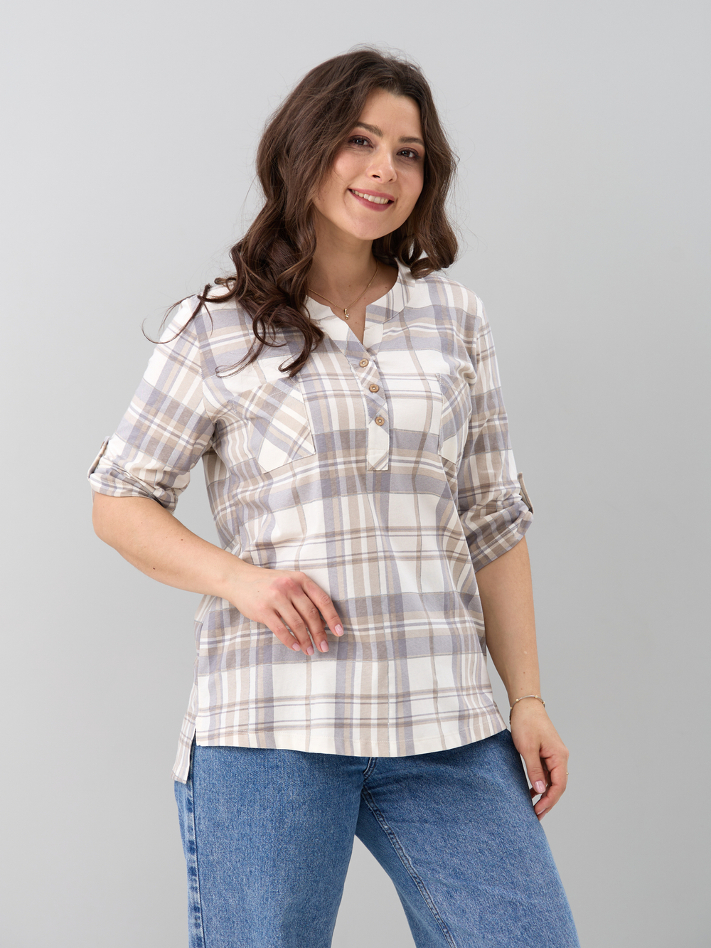 Блузка БЛ-131/клеткабеж-серебро