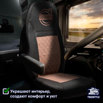 Чехлы VOLVO FM после 2008 года: 2 высоких сиденья, ремень у водителя из сиденья, у пассажира - от стоек кабины (один вырез на чехлах) (экокожа, черный, коричневая вставка)