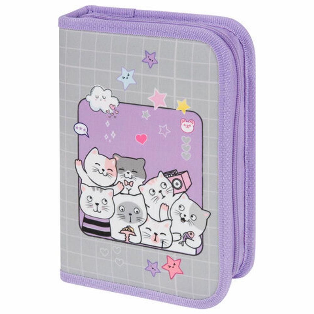 Пенал ПИФАГОР, 1 отделение, 2 откидные планки, полиэстер, 20х14 см, "Cats selfie", 273477