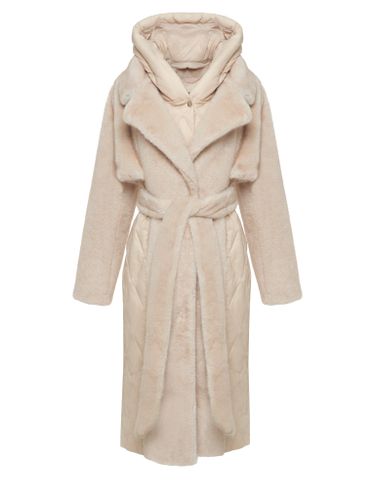 Бежевый комбинированный пуховик с капюшоном и поясом