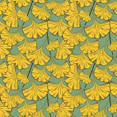 ЖЁЛТЫЕ ЛИСТЬЯ ГИНКГО БИЛОБА НА ЗЕЛЁНОМ ФОНЕ