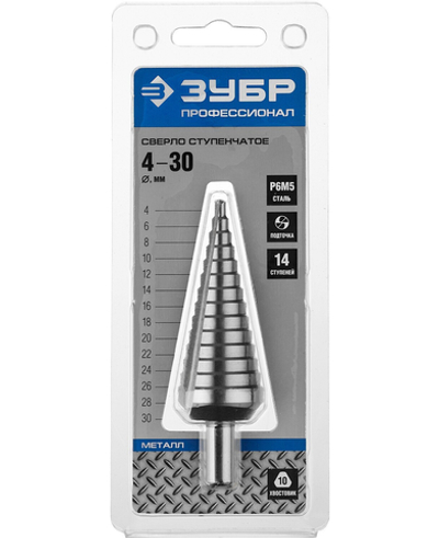 ЗУБР 4-30 мм, 14 ступеней, сталь Р6М5, ступенчатое сверло, Профессионал (29670-4-30-14)