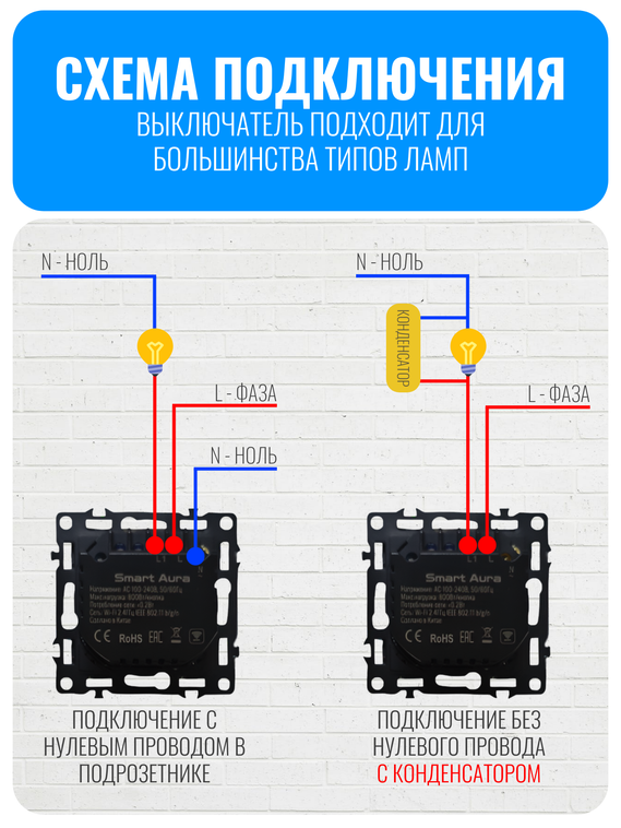 Умный кнопочный Wi-Fi выключатель Smart Aura серия Fusion без рамки