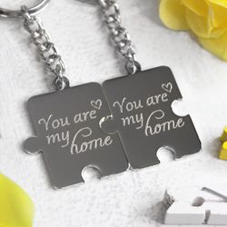 Парные брелки пазлы для двоих с гравировкой  You are my home на заказ