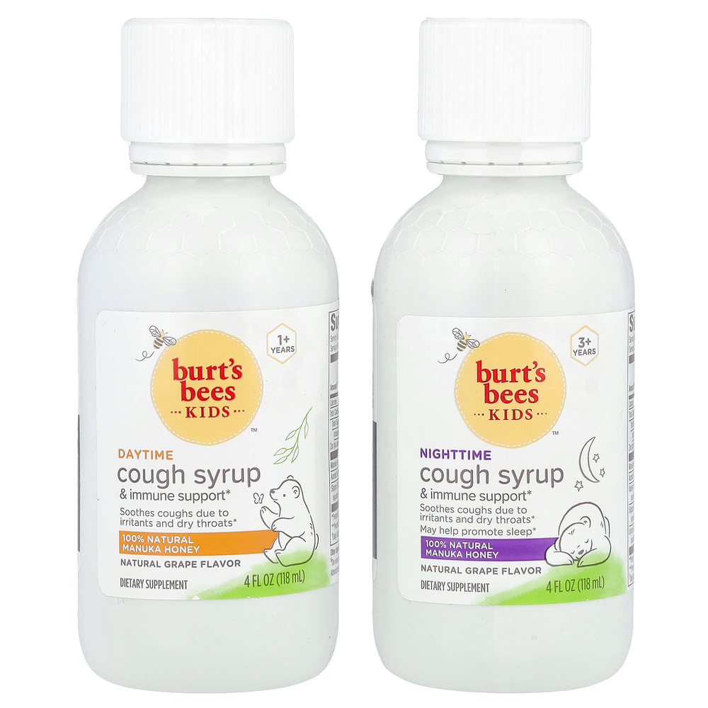 Burt's Bees, Kids, Сироп от кашля днем / ночью и поддержка иммунитета, комбинированная упаковка, натуральный виноград, 2 упаковки, 4 жидких унции (118 мл) каждая