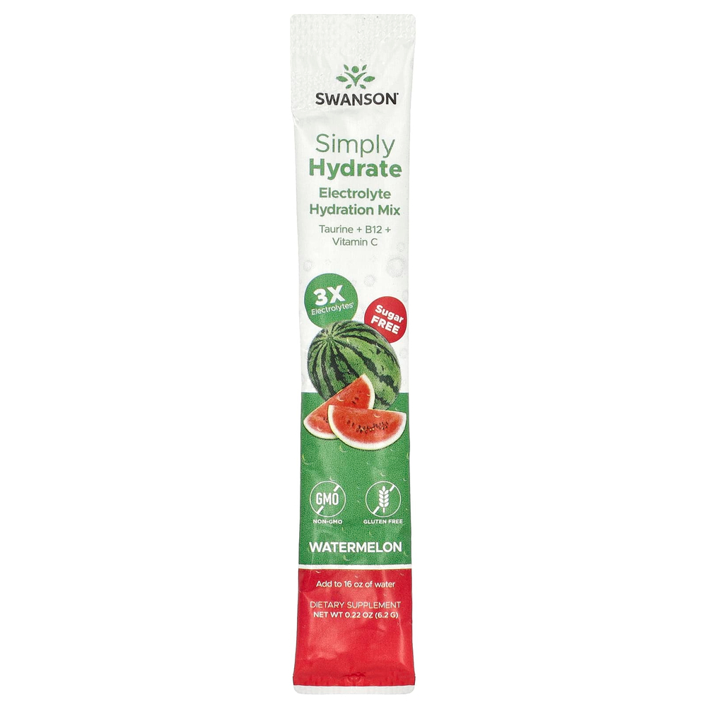 Swanson Vitamins, Simply Hydrate, смесь электролитов для гидратации, арбуз, 8 стик-пакетов по 6,2 г (0,22 унции)