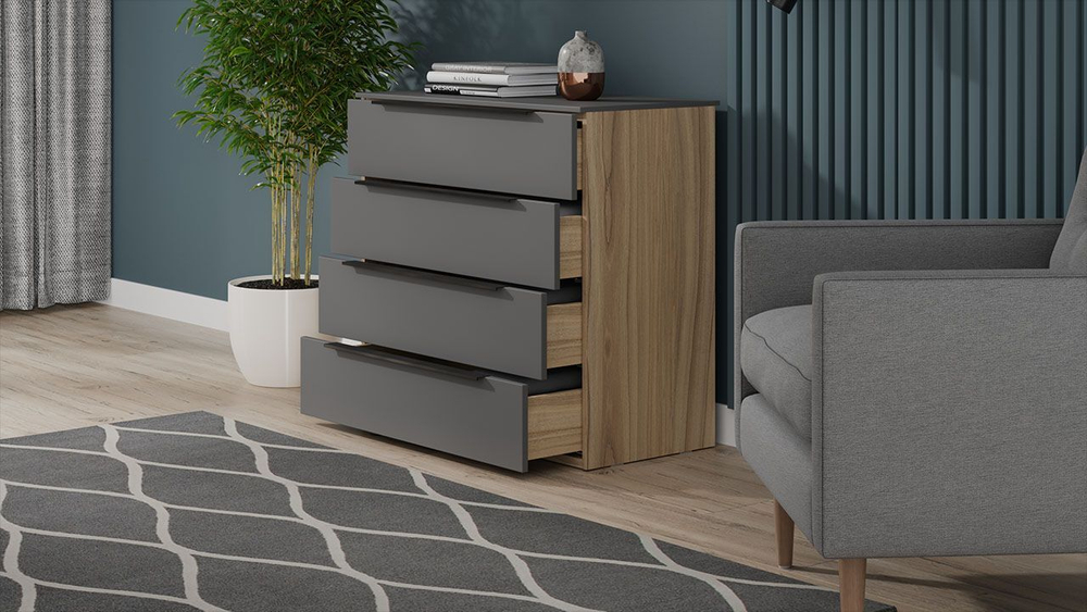 Комод для одежды с ящиками Яблоня Беллуно/Графит софт 4 ящика 90х45х84 см