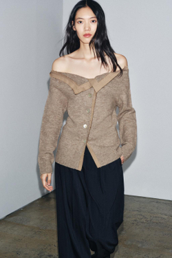 ZARА ВЯЗАНЫЙ КАРДИГАН С ВЫРЕЗОМ ЛОДОЧКОЙ, СЕРО-КОРИЧНЕВЫЙ