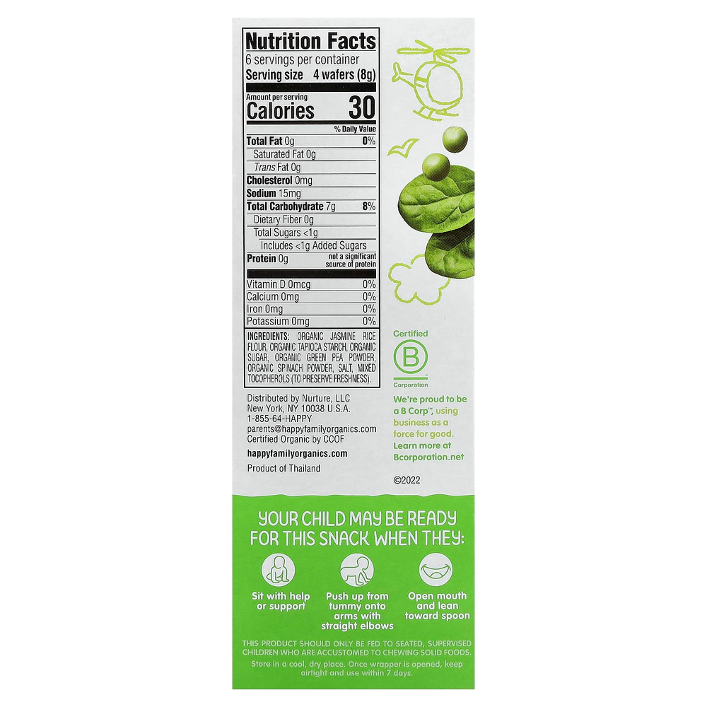 Happy Family Organics, Happy Baby®, органические вафли для прорезывания зубов, для малышей, умеющих сидеть, горох и шпинат, 12 пакетиков по 4 г (0,14 унции)