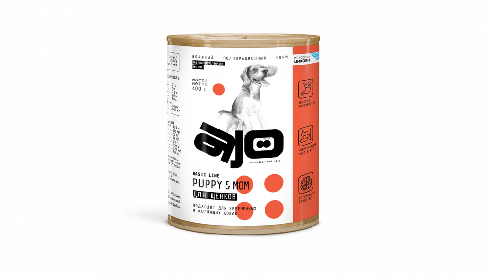 AJO DOG PUPPY & MOM Консервированный полнорационный корм для щенков, беременных и кормящих собак, 400 г