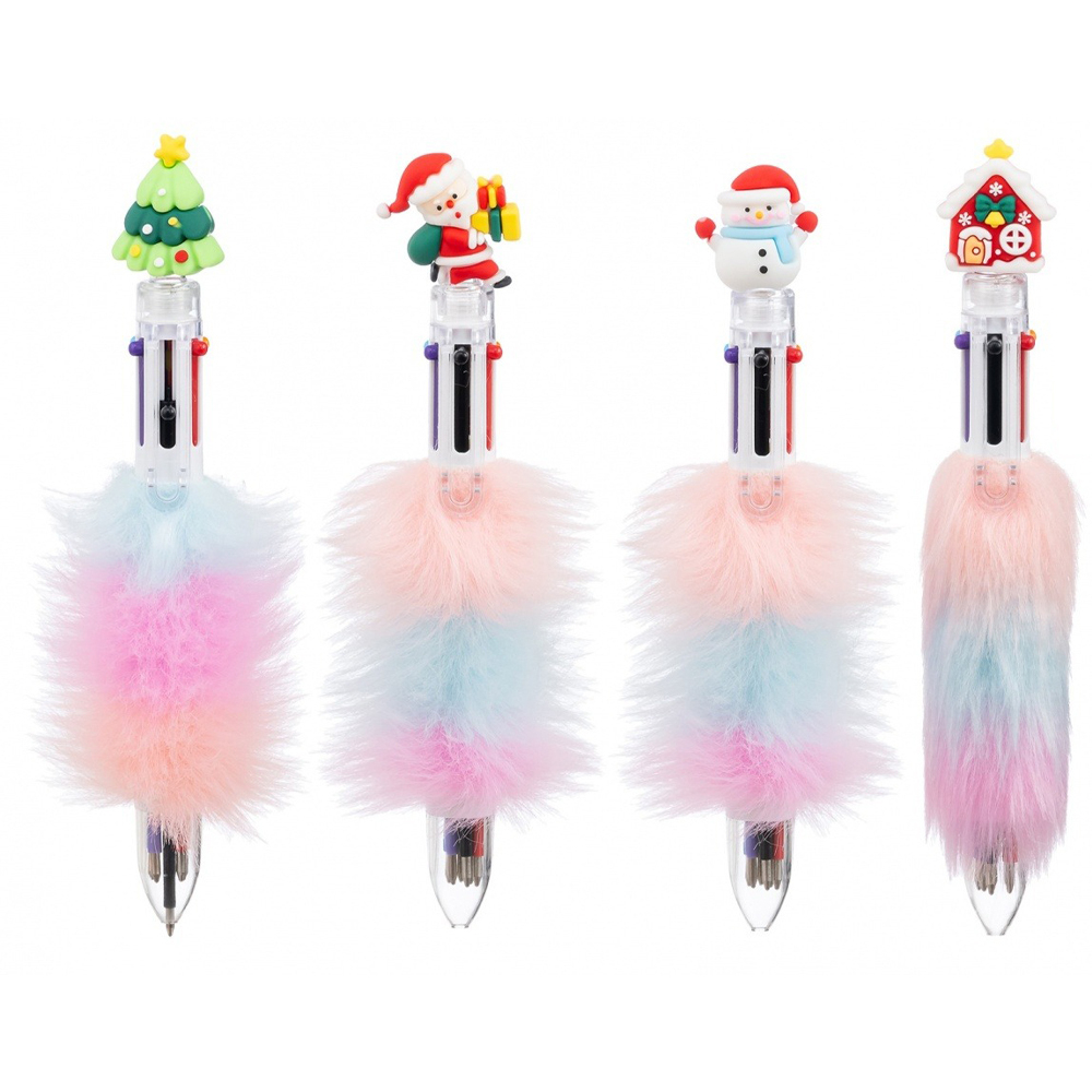 Ручка шариковая, автоматическая, 6в1, Basir, 6-ти цветная, серия "НОВОГОДНИЕ", с мехом на корпусе