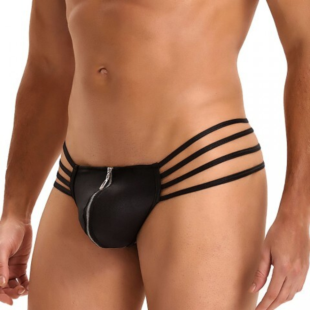 Кожаные мужские стринги Ohyeah Zipper Black, на молнии со стрепами, XL