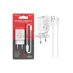 Сетевое зарядное устройство Borofone BA52A, 1 USB-A, 10.5W, 2.1A + кабель Lightning, 1 м, белый