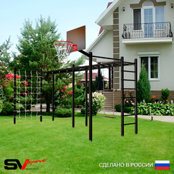 Уличная шведская стенка Sv Sport рукоход х 2 с комплектом турник прямой 2шт У50366К (Деревянные/Щит баскет/Сетка)