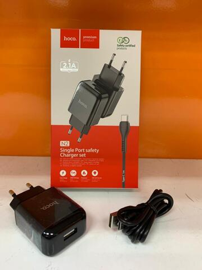 Блок питания сетевой 1 USB HOCO N2, Vigour, 2100mA, кабель Type-C, X37 cool, цвет: чёрный