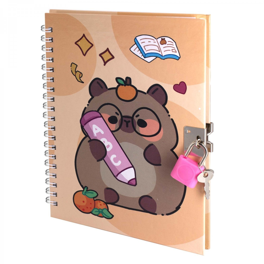 Блокнот в футляре, 19,5 см * 22 см, гребень, Alingar, ламин, ручка, замочек, клетка, 46 л., "Капибара-ученик", розовый