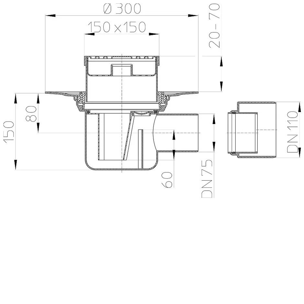 Трап 72.1N для внутренних помещений DN75/110 горизонтальный, 147х147мм/138х138мм