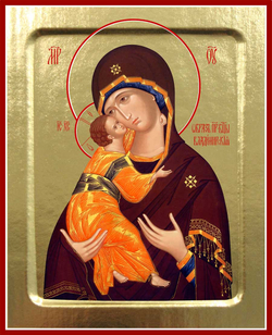Икона Пресвятой Богородицы, Владимирская (млад. в оранжево-васильковом, взгл. вниз) на дереве: 125 х