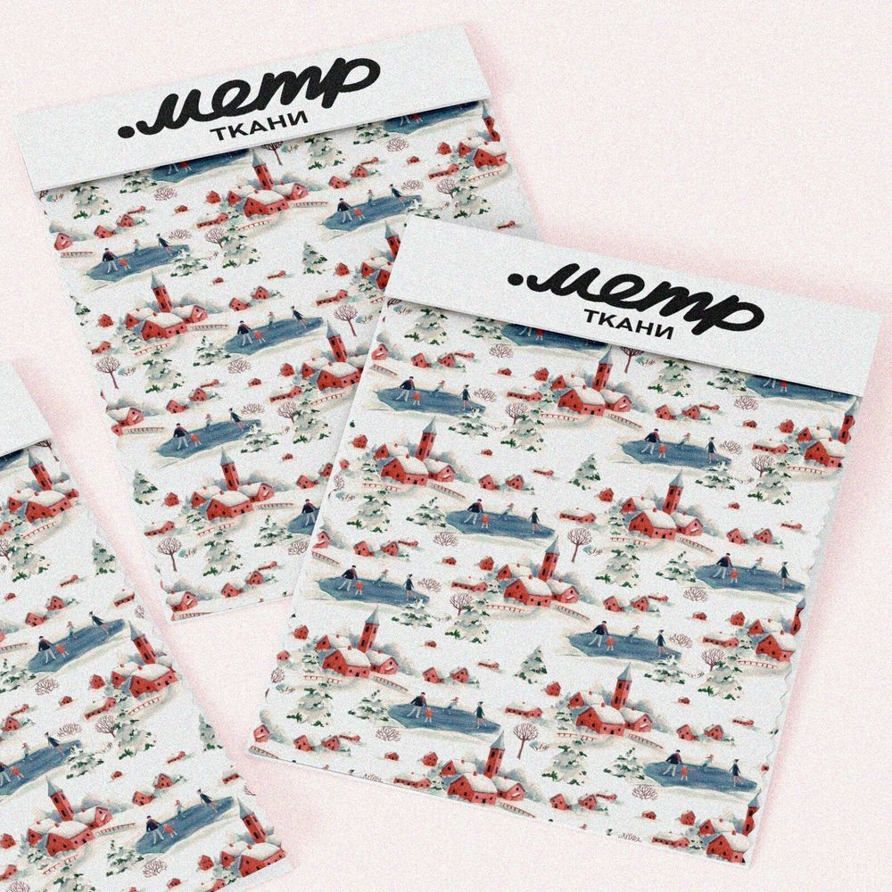 Ткань поплин зимняя деревушка