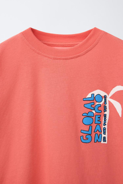 ZARA ФУТБОЛКА С ПРИНТОМ «ПАЛЬМЫ», КОРАЛЛОВЫЙ
