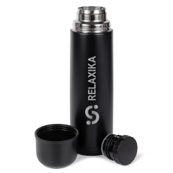 Термос Relaxika 101 (1 литр), черный (стикерпак "Красоты России")