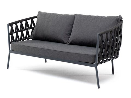 "Диего" диван 2-местный плетеный из роупа, каркас алюминий темно-серый (RAL7024), роуп темно-серый круглый, ткань темно-серая 019