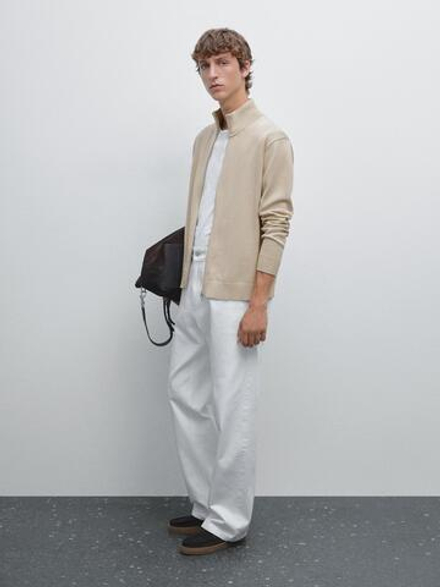 Massimo Dutti Кардиган из 100% хлопка с застежкой-молнией, светло-бежевый