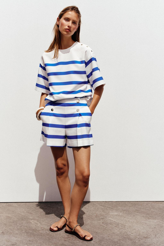 ZARA ТОП В ПОЛОСКУ С КОРОТКИМИ РУКАВАМИ, СИНИЙ/БЕЛЫЙ
