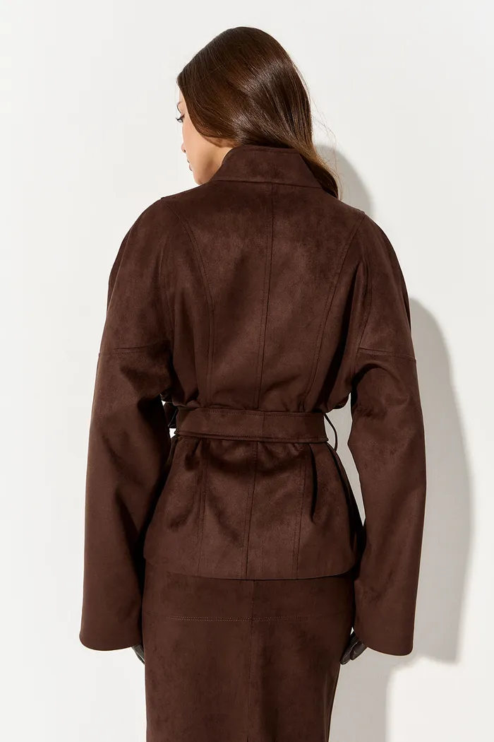 Куртка из экозамши с воротником стойкой цвета шоколад
