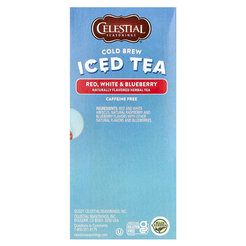Celestial Seasonings, Холодный чай со льдом, красный, белый и голубика, без кофеина, 18 чайных пакетиков, 31 г (1,1 унции)
