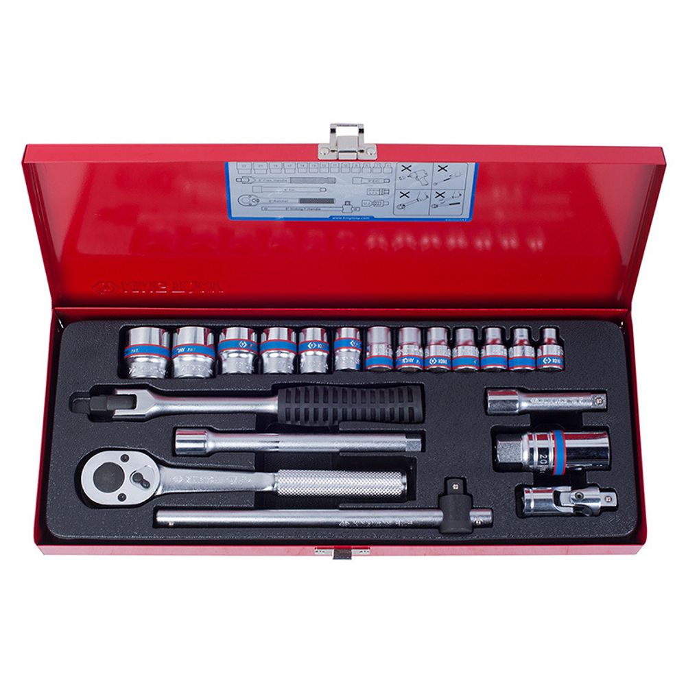 KING TONY (3020MR02) Набор торцевых головок с принадлежностями 3/8", 12-гранные, 6-22 мм, 20 предмета