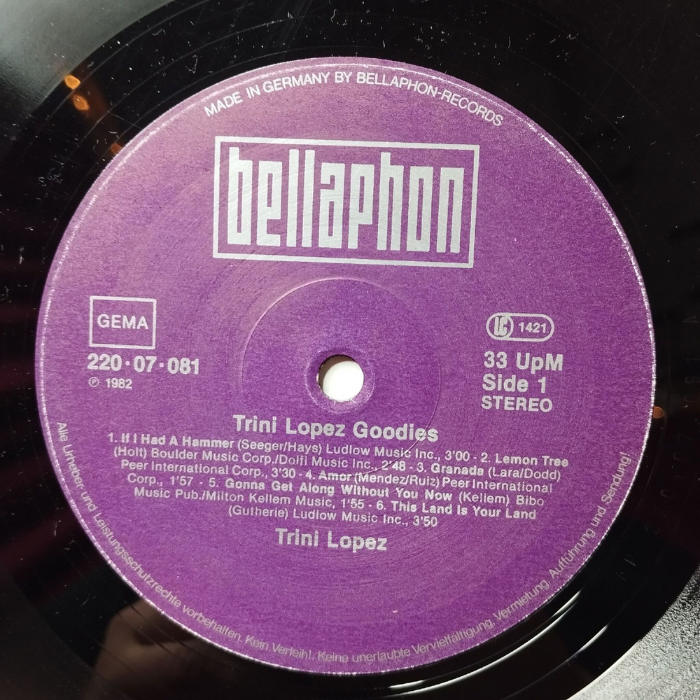 Винтажная виниловая пластинка LP Trini Lopez Goodies (Germany 1982) La Bamba